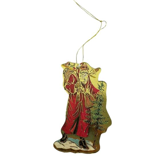 Vintage 1980s Retro Santa Gold Stamped Foil Die Cut Cardboard Nostalgic Ornament - Picture 2 of 2